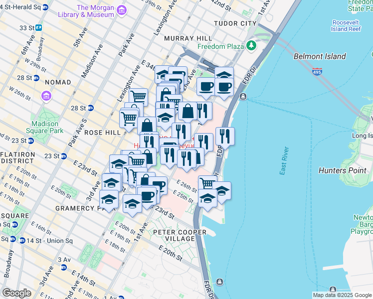 map of restaurants, bars, coffee shops, grocery stores, and more near 500 1st Avenue in New York