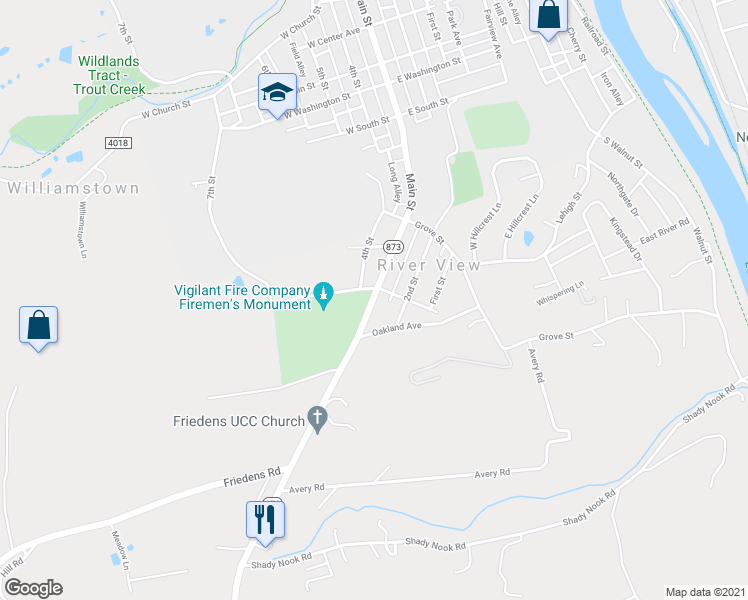 map of restaurants, bars, coffee shops, grocery stores, and more near 7298 Pennsylvania 873 in Slatington