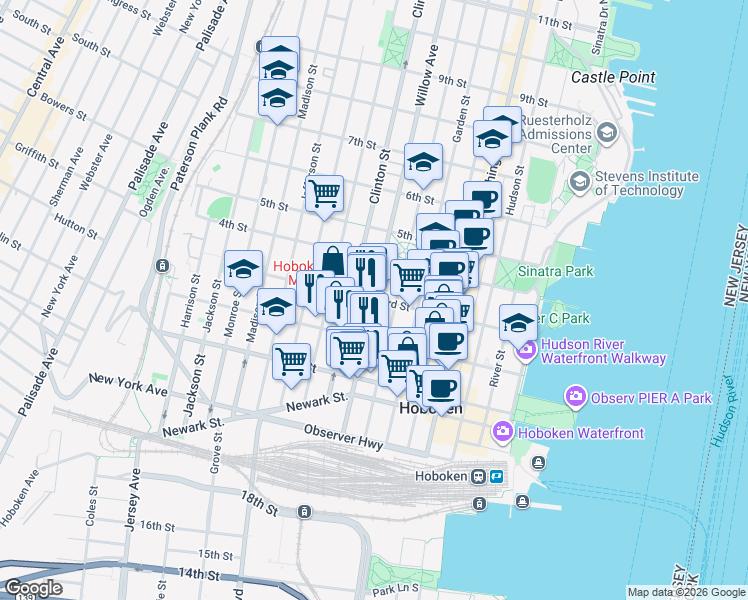 map of restaurants, bars, coffee shops, grocery stores, and more near 3rd Street in Hoboken