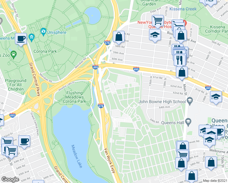 map of restaurants, bars, coffee shops, grocery stores, and more near 130-04 Horace Harding Expressway in Queens
