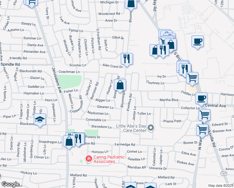map of restaurants, bars, coffee shops, grocery stores, and more near 115 Stonecutter Road in Levittown