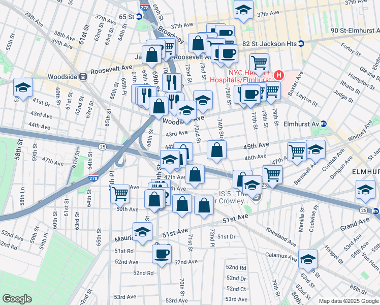 map of restaurants, bars, coffee shops, grocery stores, and more near 70-41 45th Avenue in Queens
