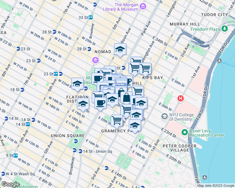 map of restaurants, bars, coffee shops, grocery stores, and more near 55 Lexington Avenue in New York