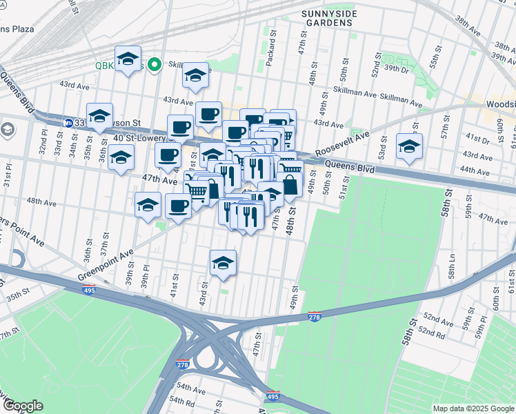 map of restaurants, bars, coffee shops, grocery stores, and more near 47-18 46th Street in Queens