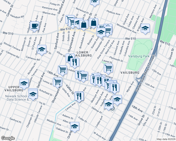 map of restaurants, bars, coffee shops, grocery stores, and more near 169 West End Avenue in Newark
