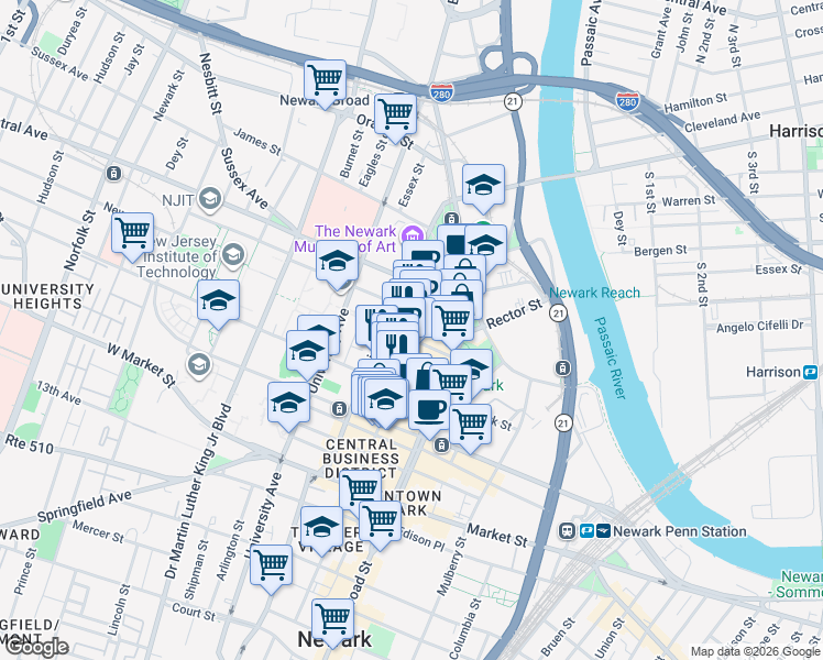 map of restaurants, bars, coffee shops, grocery stores, and more near 71 Halsey Street in Newark