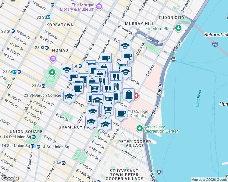 map of restaurants, bars, coffee shops, grocery stores, and more near 245 East 27th Street in New York