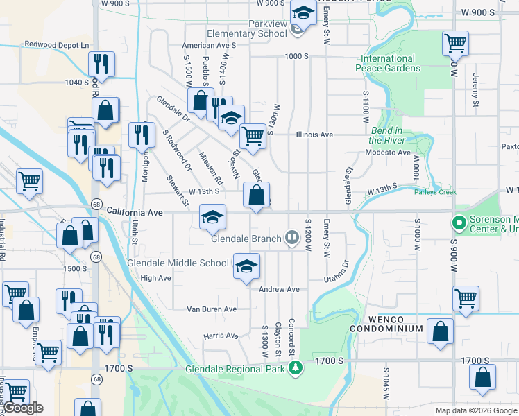 map of restaurants, bars, coffee shops, grocery stores, and more near 1316 West California Avenue in Salt Lake City