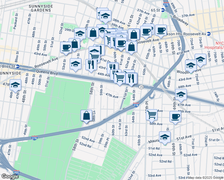 map of restaurants, bars, coffee shops, grocery stores, and more near 47-03 59th Place in Queens