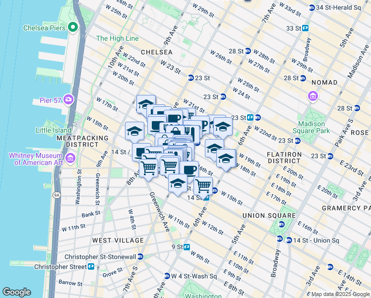 map of restaurants, bars, coffee shops, grocery stores, and more near 210 West 16th Street in New York
