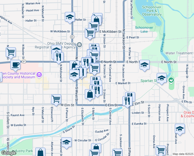 map of restaurants, bars, coffee shops, grocery stores, and more near 74 Town Square in Lima