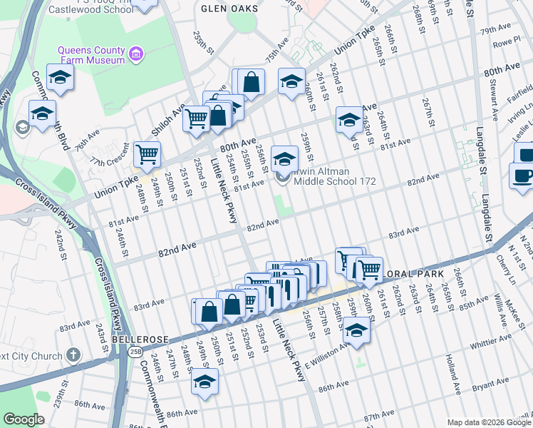 map of restaurants, bars, coffee shops, grocery stores, and more near 82-02 255th Street in Queens