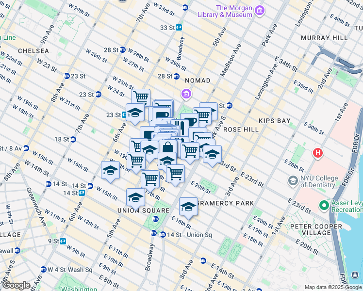 map of restaurants, bars, coffee shops, grocery stores, and more near 928 Broadway in New York