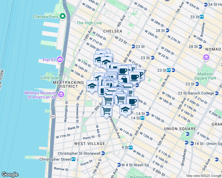 map of restaurants, bars, coffee shops, grocery stores, and more near 111 8th Avenue in New York