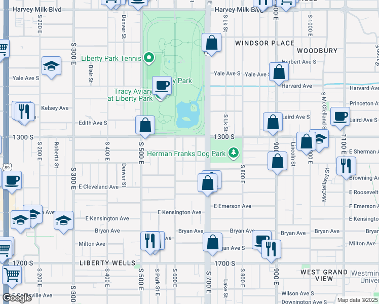 map of restaurants, bars, coffee shops, grocery stores, and more near 1336 South Green Street in Salt Lake City