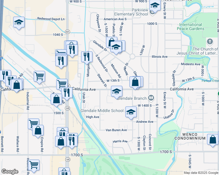 map of restaurants, bars, coffee shops, grocery stores, and more near 1317 Stewart Street in Salt Lake City
