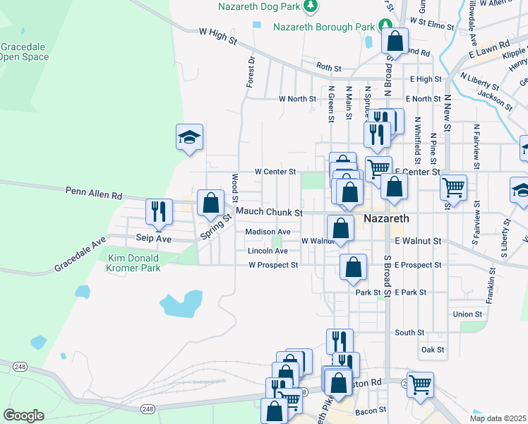 map of restaurants, bars, coffee shops, grocery stores, and more near 317 Mauch Chunk Street in Nazareth