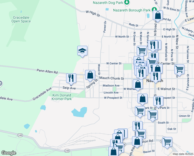 map of restaurants, bars, coffee shops, grocery stores, and more near 123 Spring Street in Nazareth