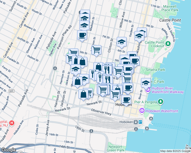 map of restaurants, bars, coffee shops, grocery stores, and more near 222 Grand Street in Hoboken