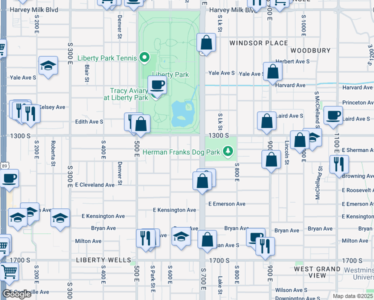 map of restaurants, bars, coffee shops, grocery stores, and more near 634 Harrison Avenue in Salt Lake City