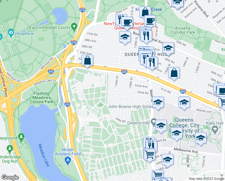 map of restaurants, bars, coffee shops, grocery stores, and more near 135-40 62nd Road in Queens