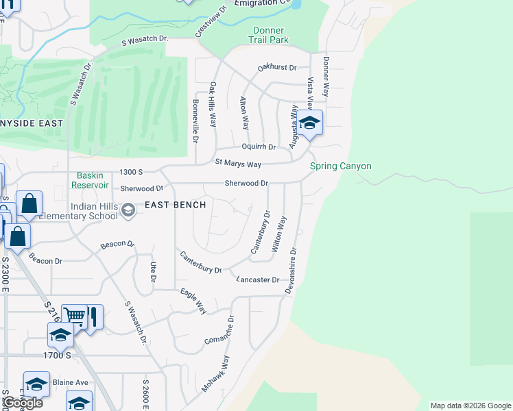 map of restaurants, bars, coffee shops, grocery stores, and more near 1357 Ambassador Way in Salt Lake City