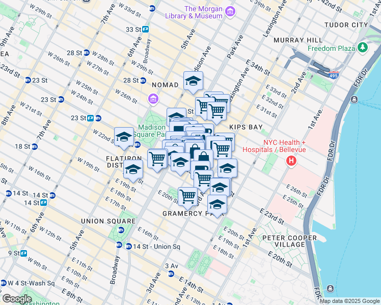 map of restaurants, bars, coffee shops, grocery stores, and more near 55 Lexington Avenue in New York
