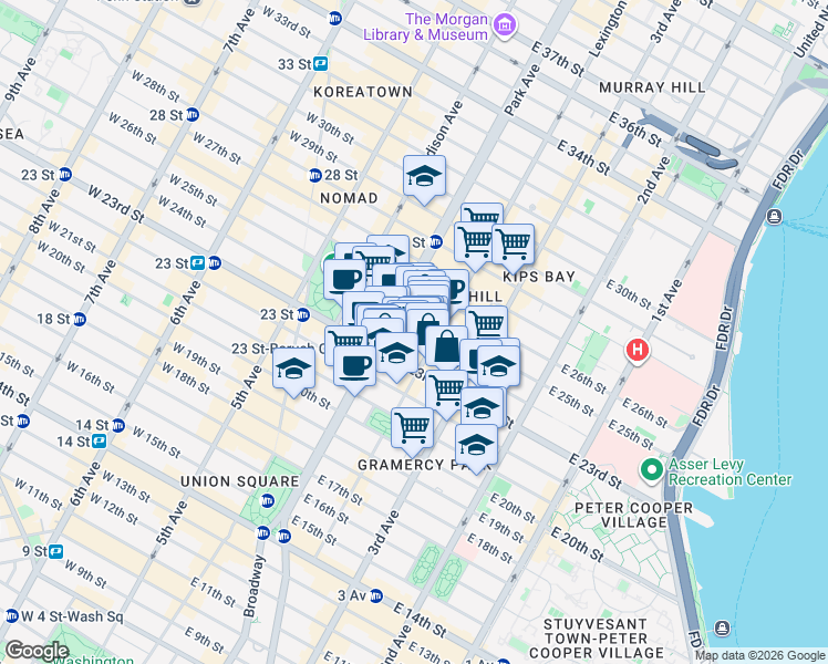 map of restaurants, bars, coffee shops, grocery stores, and more near 55 Lexington Avenue in New York