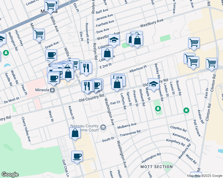 map of restaurants, bars, coffee shops, grocery stores, and more near 5 Birchwood Court in Mineola