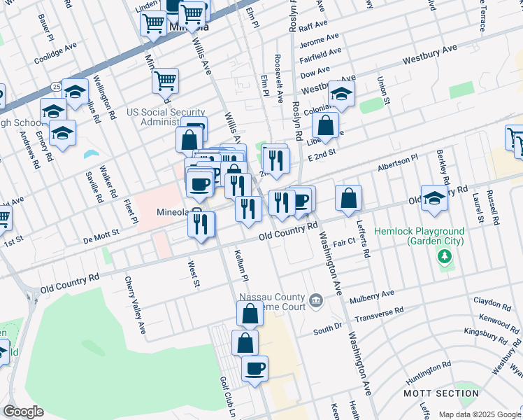 map of restaurants, bars, coffee shops, grocery stores, and more near 61 Willis Avenue in Mineola