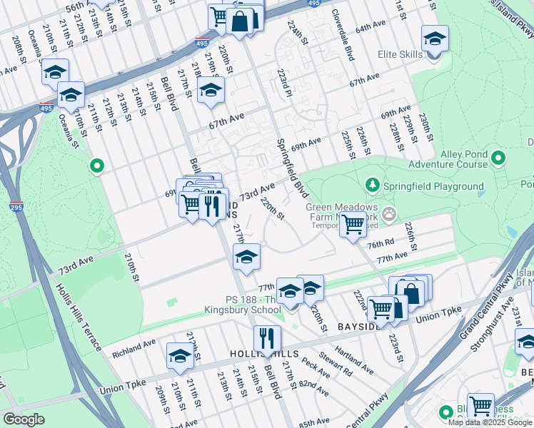 map of restaurants, bars, coffee shops, grocery stores, and more near 21936 74th Avenue in Queens