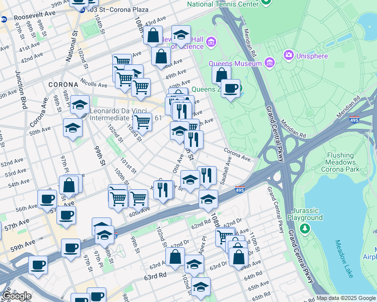 map of restaurants, bars, coffee shops, grocery stores, and more near 108th Street in Queens