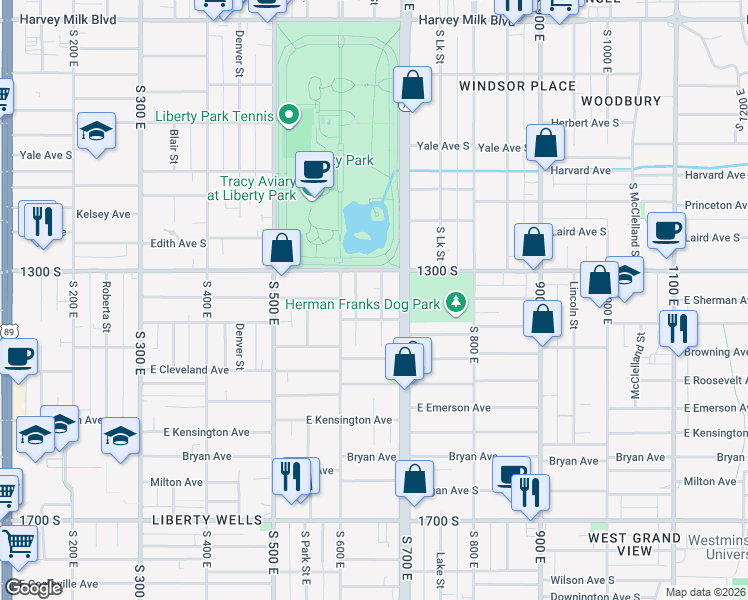 map of restaurants, bars, coffee shops, grocery stores, and more near 634 Harrison Avenue in Salt Lake City
