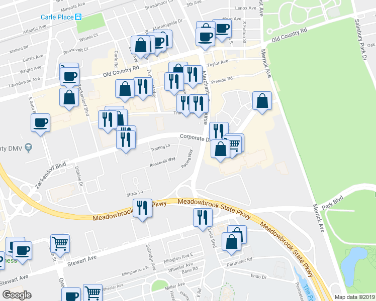 map of restaurants, bars, coffee shops, grocery stores, and more near 485 Pacing Way in Uniondale
