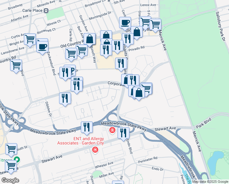map of restaurants, bars, coffee shops, grocery stores, and more near 485 Pacing Way in Uniondale