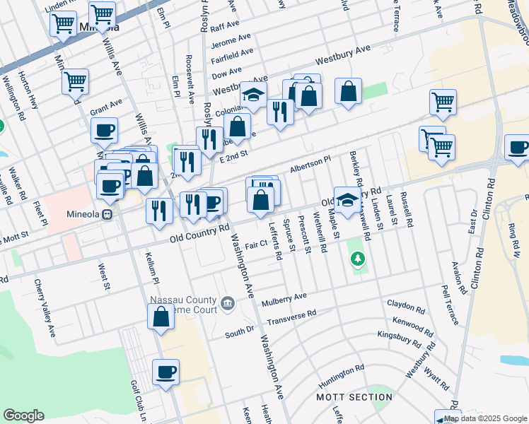 map of restaurants, bars, coffee shops, grocery stores, and more near 131 Lefferts Road in Garden City