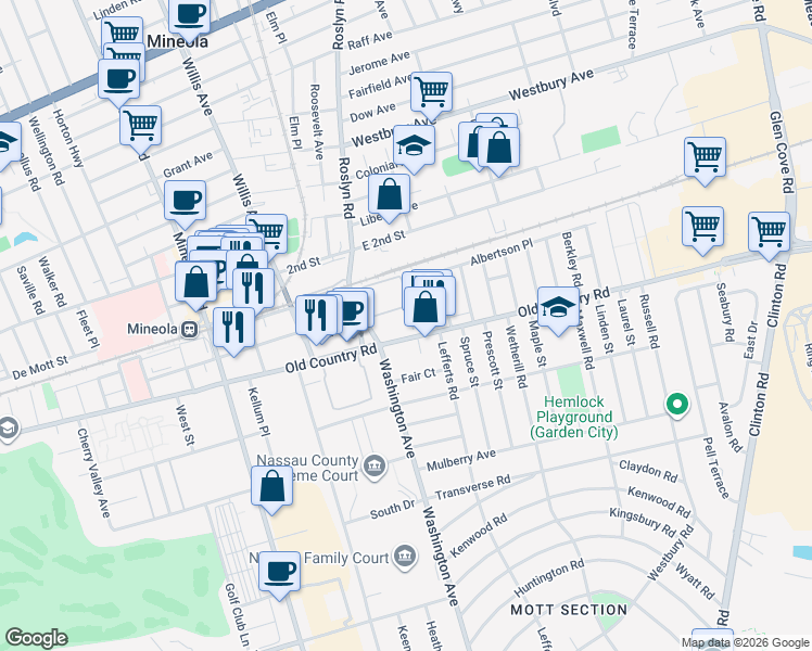 map of restaurants, bars, coffee shops, grocery stores, and more near 320 Old Country Road in Garden City
