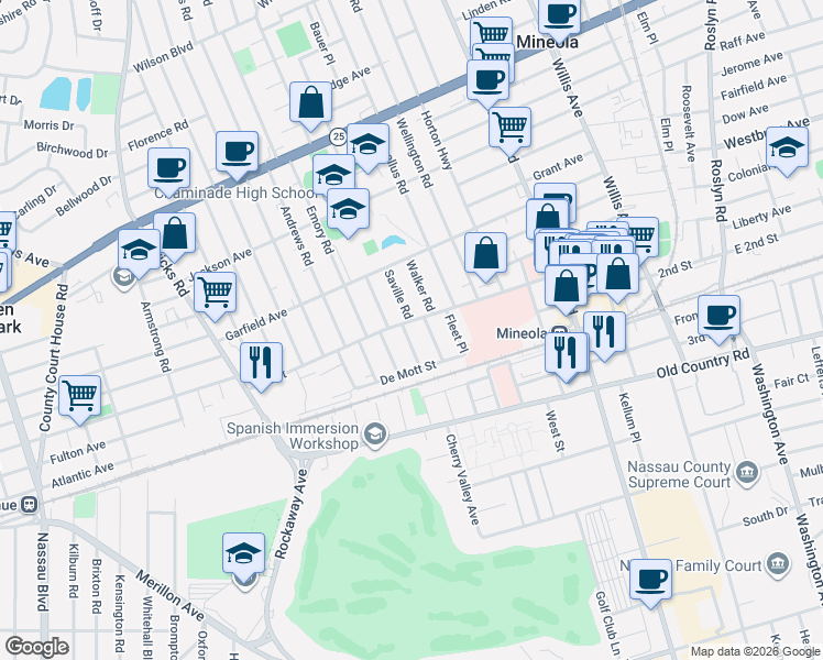 map of restaurants, bars, coffee shops, grocery stores, and more near 100 Krug Place in Mineola