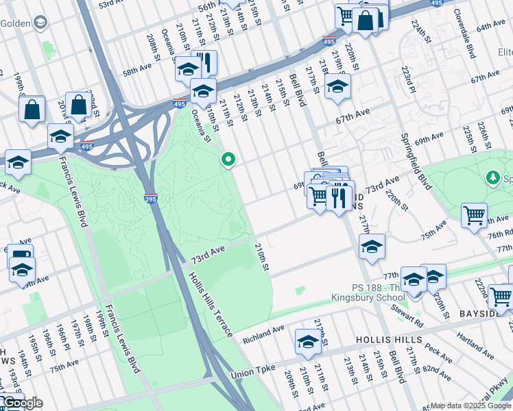 map of restaurants, bars, coffee shops, grocery stores, and more near 69-5 210th Street in Queens