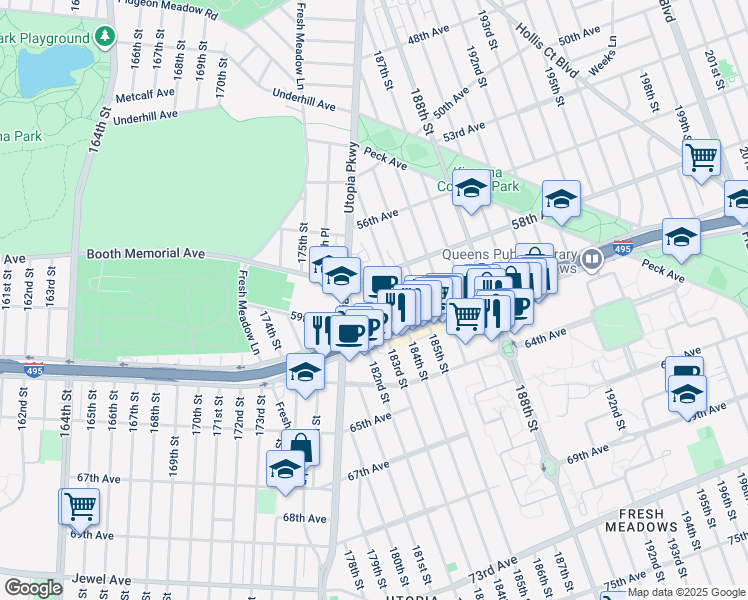 map of restaurants, bars, coffee shops, grocery stores, and more near 18303 Horace Harding Expressway in Queens