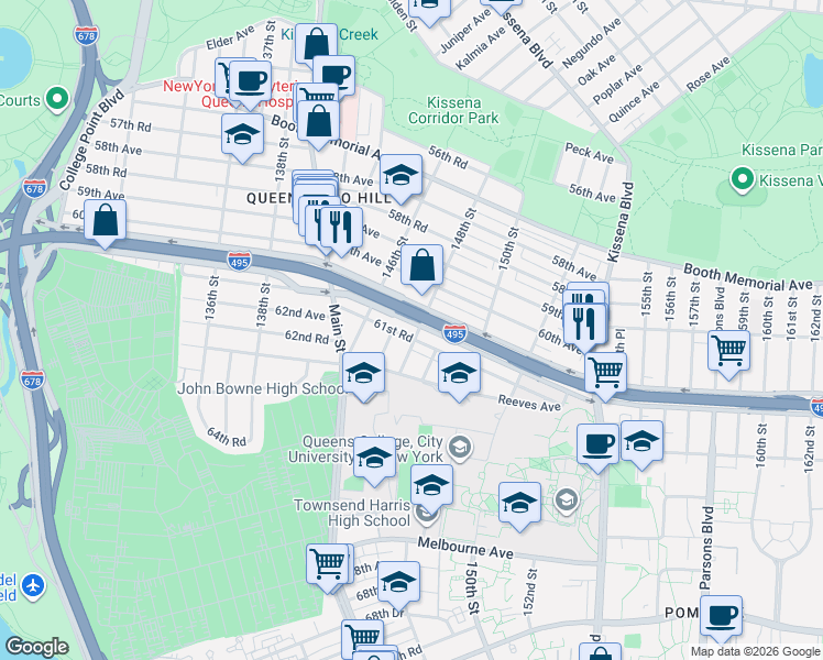 map of restaurants, bars, coffee shops, grocery stores, and more near 40 148th Street in Queens