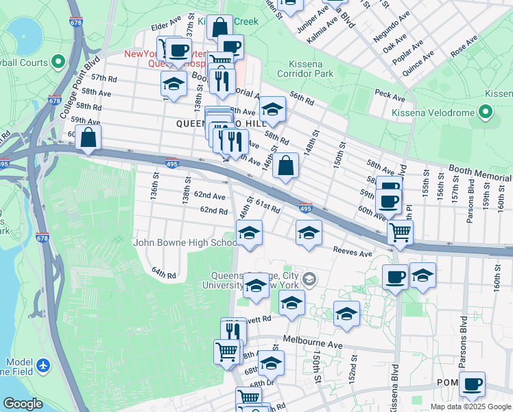 map of restaurants, bars, coffee shops, grocery stores, and more near 146-13 Reeves Avenue in Queens