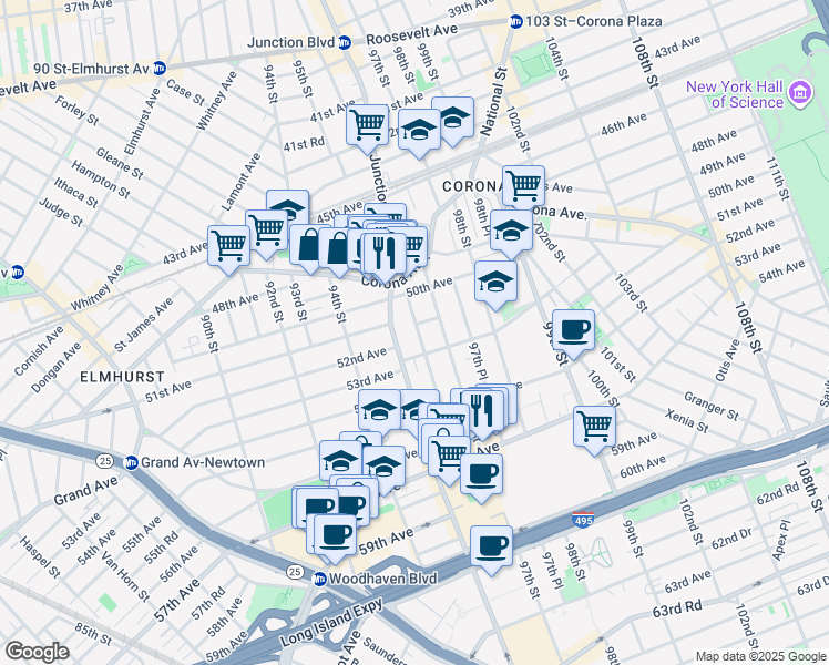 map of restaurants, bars, coffee shops, grocery stores, and more near 53-1 96th Street in Queens