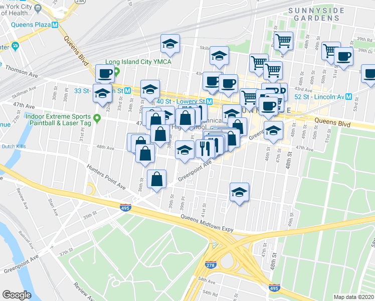 map of restaurants, bars, coffee shops, grocery stores, and more near 39-28 48th Avenue in Queens