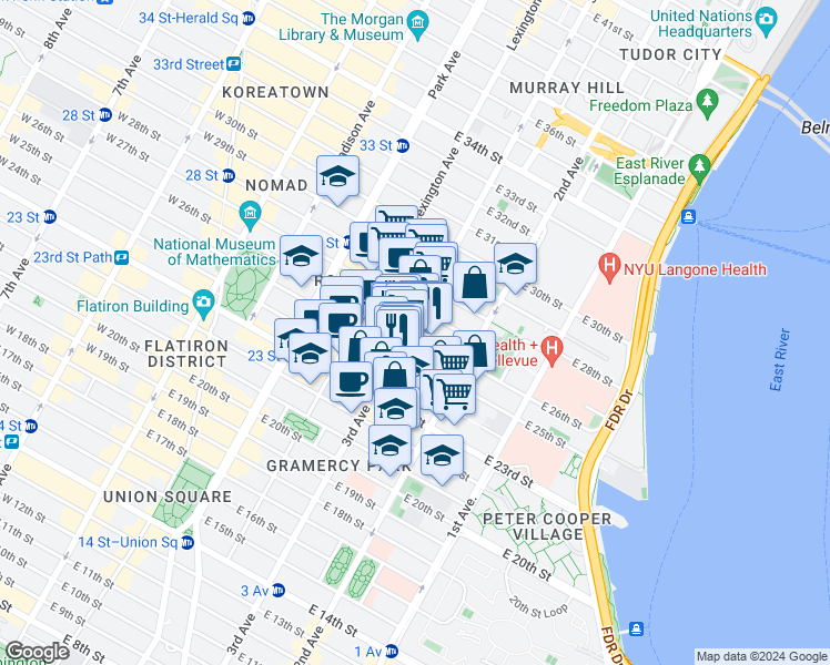 map of restaurants, bars, coffee shops, grocery stores, and more near 355 3rd Avenue in New York