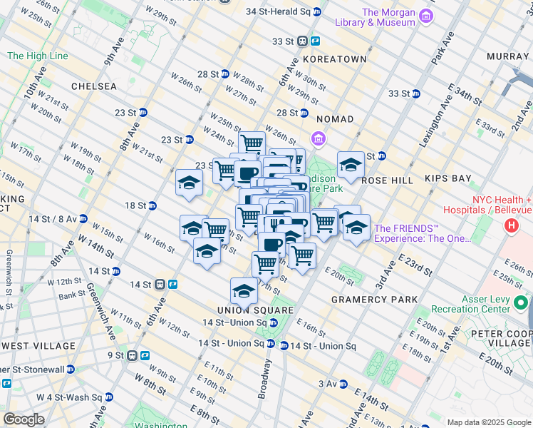 map of restaurants, bars, coffee shops, grocery stores, and more near 135 5th Avenue in New York