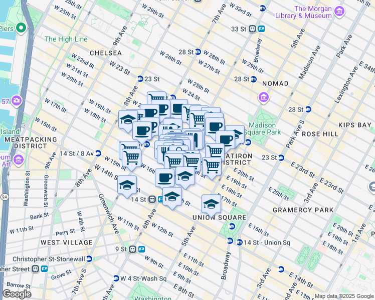 map of restaurants, bars, coffee shops, grocery stores, and more near in New York