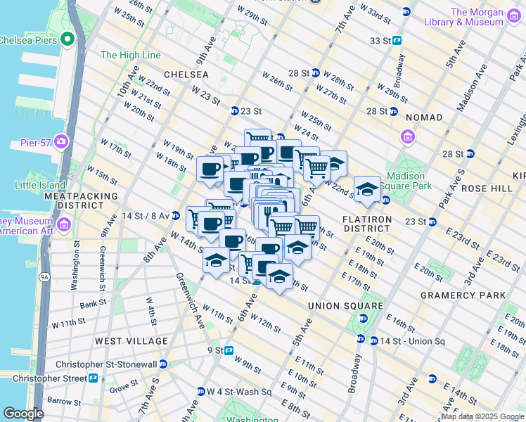map of restaurants, bars, coffee shops, grocery stores, and more near 133 West 17th Street in New York