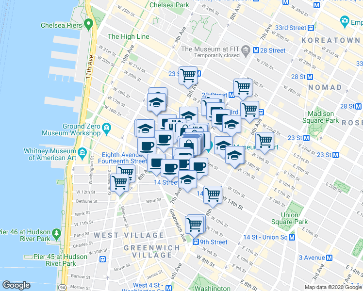 map of restaurants, bars, coffee shops, grocery stores, and more near 210 West 16th Street in New York