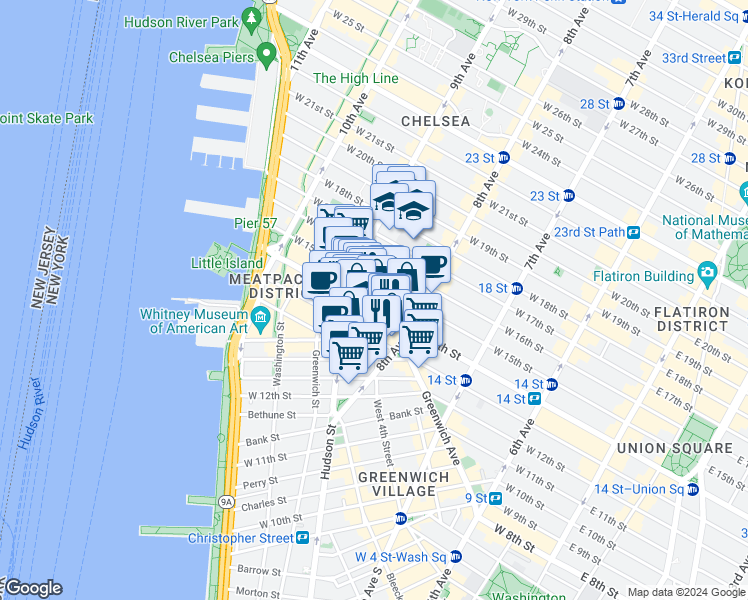 map of restaurants, bars, coffee shops, grocery stores, and more near 2 Gansevoort Street in New York